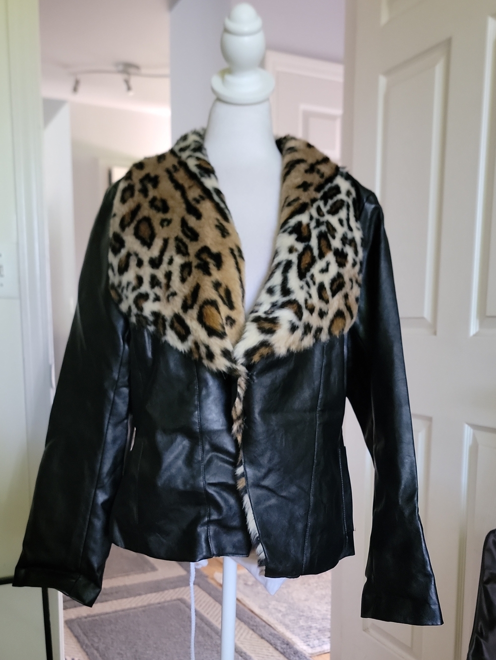 Faux Leather Jacket with Leopard Faux-Fur Collar - Black